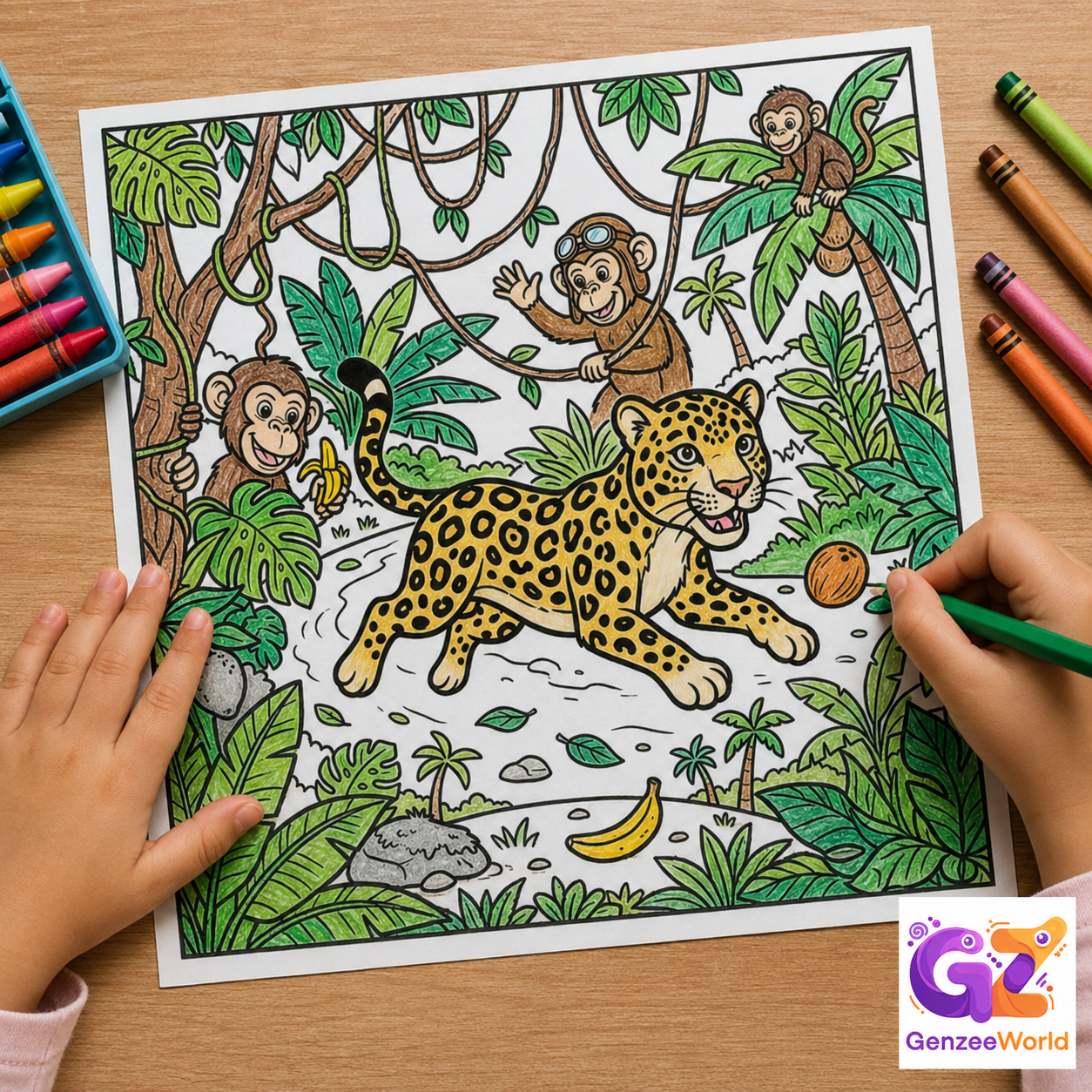 jaguar animal colouring book downloadable print by Gen Zee World