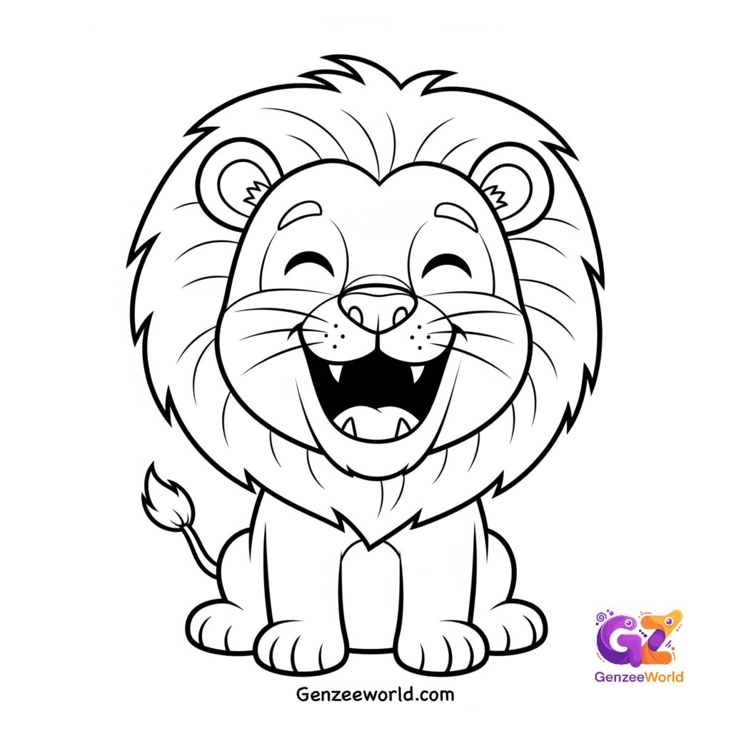 free colouring page for kids - laughing lion animal colouring page by Gen Zee World usa, india, china
