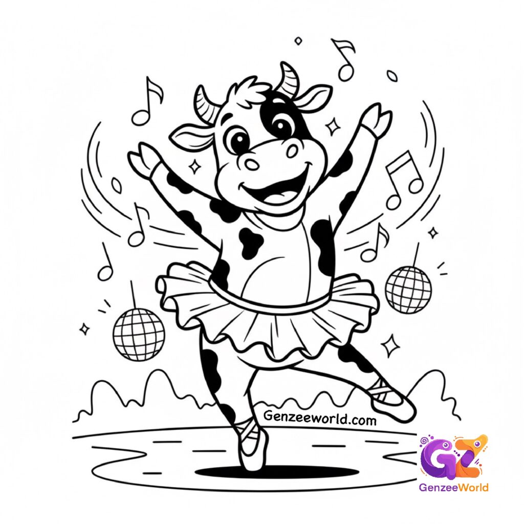 dancing cow free colouring page for kids - animal colouring page by Gen Zee World usa, india, china, australia, uae