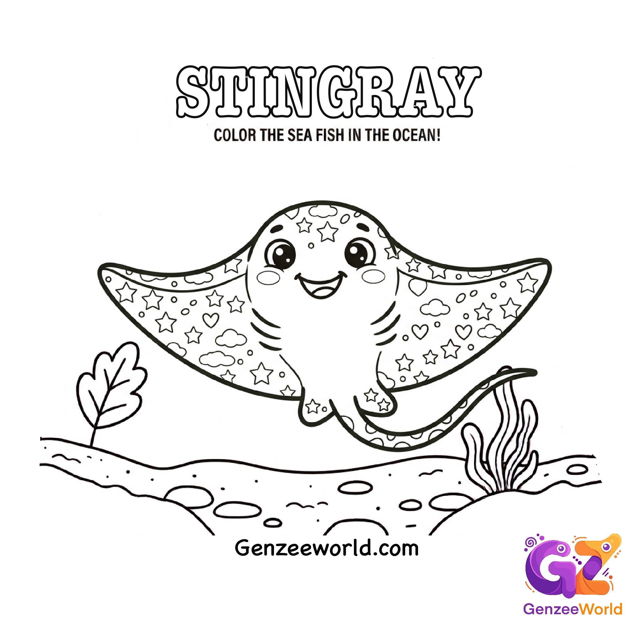 stingray free colouring book pages by Gen Zee World